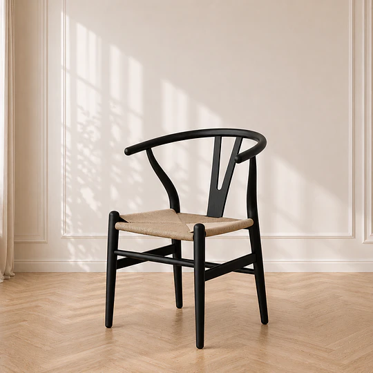 Silla Wishbone Negra Madera Natural Tejido natural Comedor Cafetería