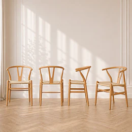 Pack de 4 Silla Wishbone Madera Natural Tejido Natural Comedor Cafetería