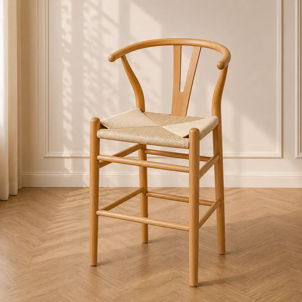 Taburete Bar Wishbone Tejido Natural Madera-Cocina Restaurant 1
