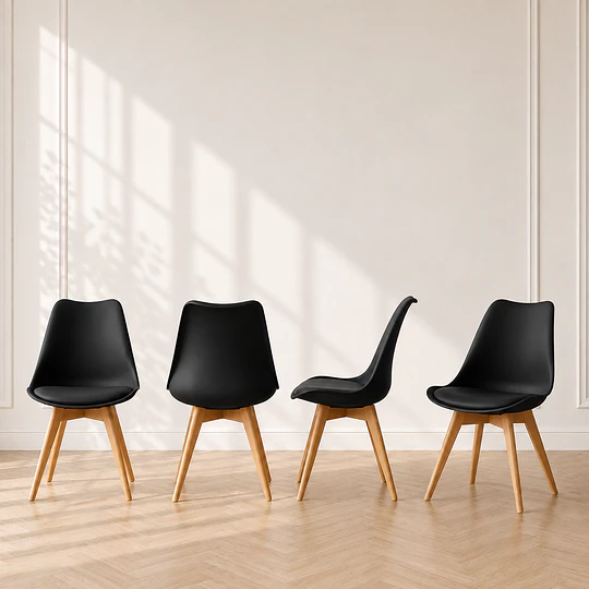 Pack 4 sillas tulip clasica polipropileno con cojin y madera comedor restaurant terraza interior