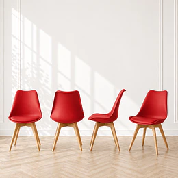 Pack 4 sillas tulip clasica polipropileno con cojin y madera rojo comedor restaurant terraza interior