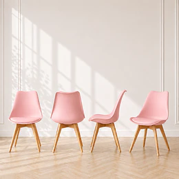 Pack 4 sillas tulip clasica polipropileno con cojin y madera Rosa comedor restaurant terraza interior