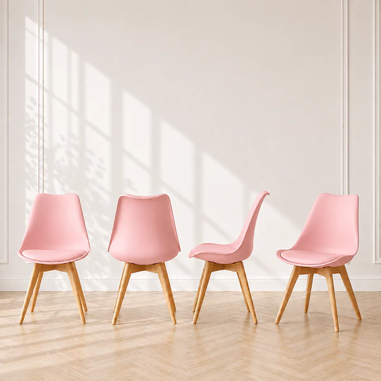 Pack 4 sillas tulip clasica polipropileno con cojin y madera Rosa comedor restaurant terraza interior