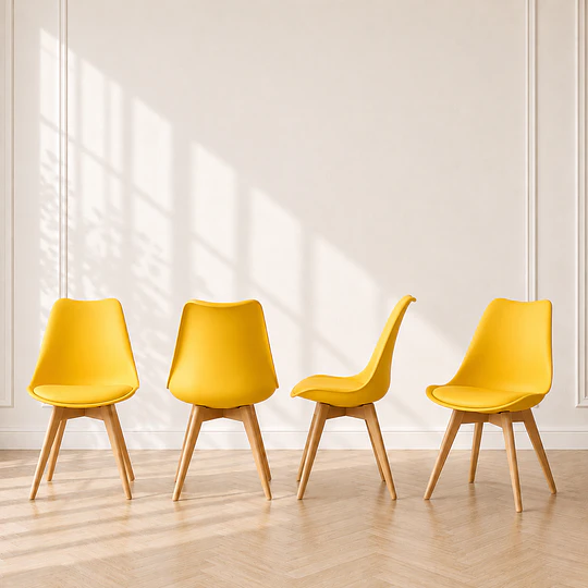 Pack 4 sillas tulip Amarillo clasica polipropileno con cojin y madera comedor restaurant terraza interior