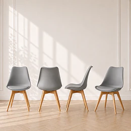 Pack 4 sillas tulip Gris clasica polipropileno con cojin y madera comedor restaurant terraza interior