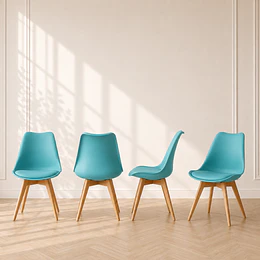 Pack 4 sillas tulip Turquesa clasica polipropileno con cojin y madera comedor restaurant terraza interior