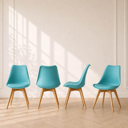 Pack 4 sillas tulip Turquesa clasica polipropileno con cojin y madera comedor restaurant terraza interior