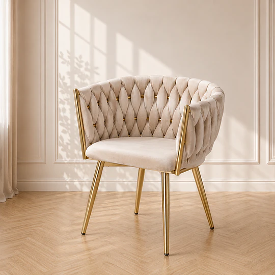 Sitial Queen beige Velvet Trenzado Gold Living Comedor Dormitorio oficina consultorio manicurista