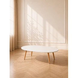 Mesa de Centro Ovalada Blanca de Melamina con Patas de Madera Natural