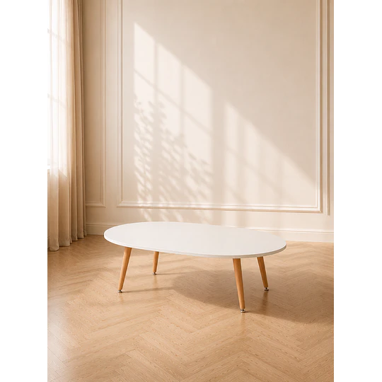 Mesa de Centro Ovalada Blanca de Melamina con Patas de Madera Natural