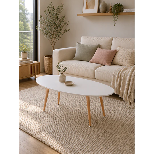 Mesa de Centro Ovalada Blanca de Melamina con Patas de Madera Natural