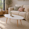 Mesa de Centro Ovalada Blanca de Melamina con Patas de Madera Natural
