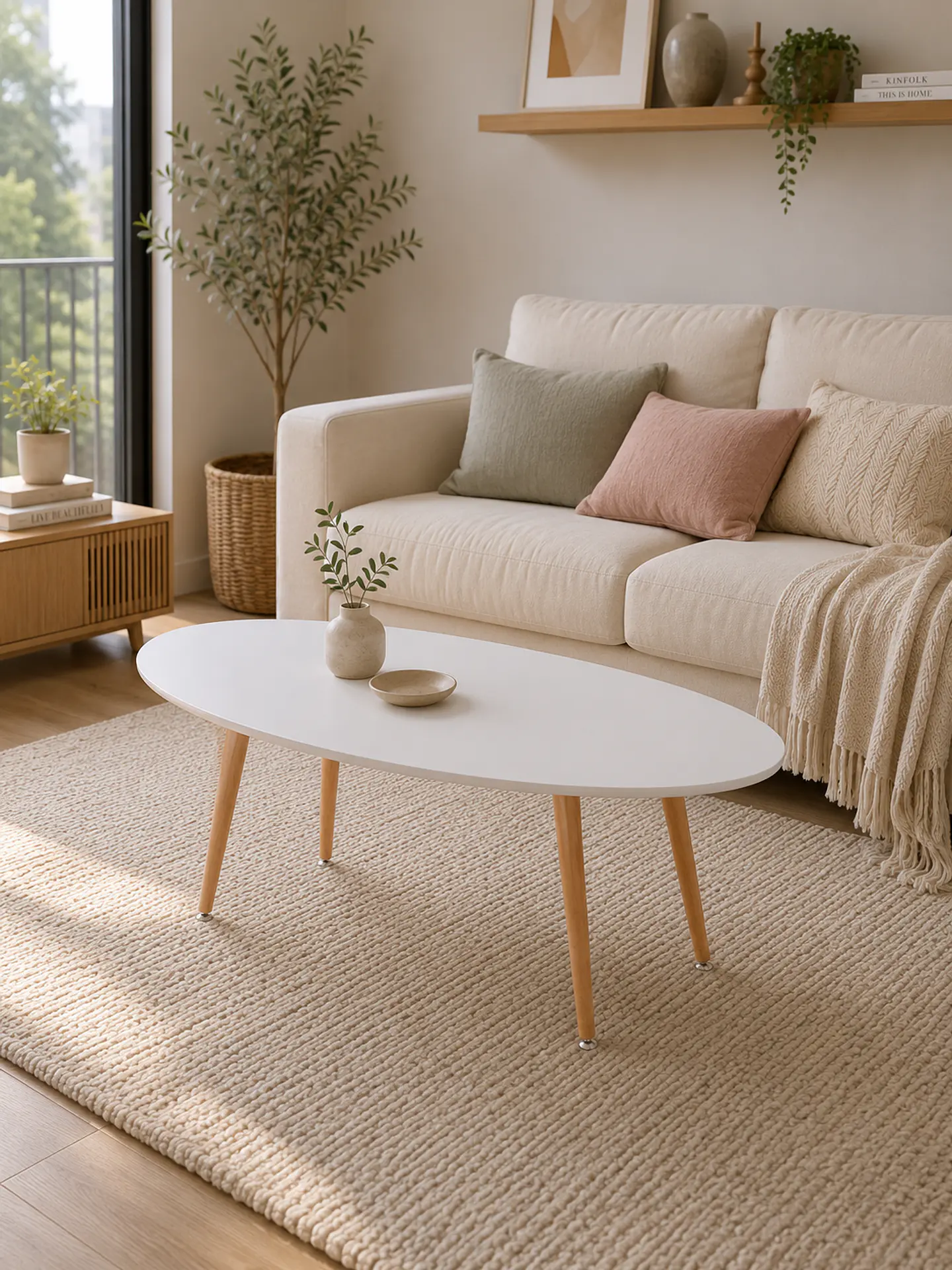 Mesa de Centro Ovalada Blanca de Melamina con Patas de Madera Natural 4