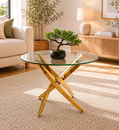 Mesa de Centro Redonda Dubai vidrio Cruzada Gold/ living recepcion oficina
