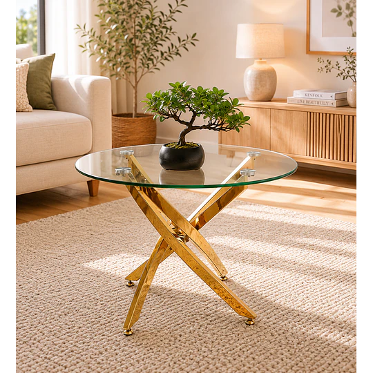Mesa de Centro Redonda Dubai vidrio Cruzada Gold/ living recepcion oficina