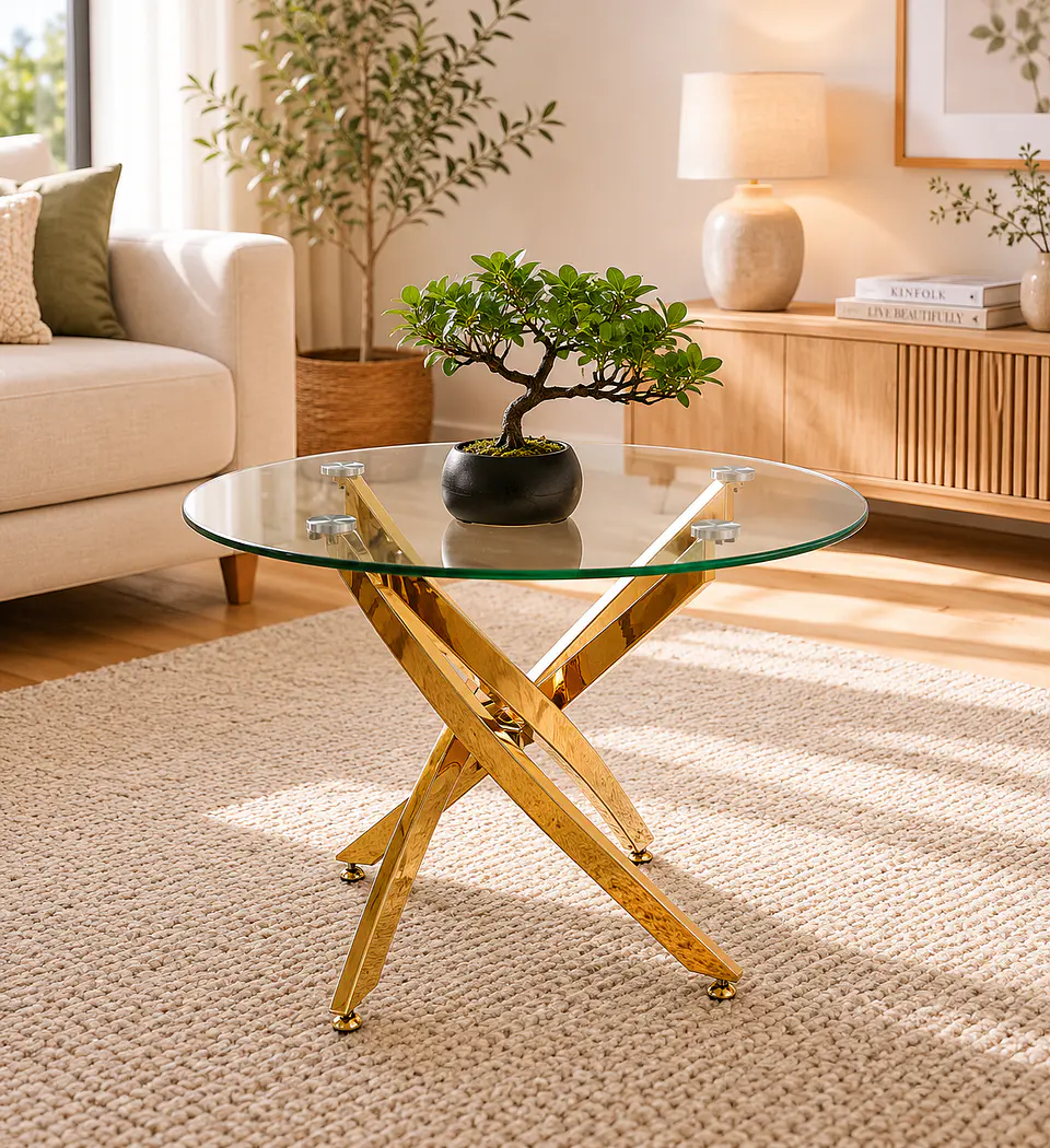 Mesa de Centro Redonda Dubai vidrio Cruzada Gold/ living recepcion oficina 2