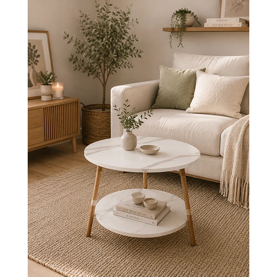 Mesa de Centro MDF Mármol Blanco 2 Niveles estructura Madera Natural- Living recepcion oficinas