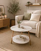 Mesa de Centro MDF Mármol Blanco 2 Niveles estructura Madera Natural- Living recepcion oficinas - Miniatura 2