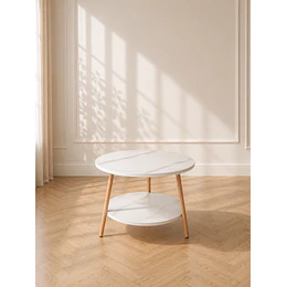 Mesa de Centro MDF Mármol Blanco 2 Niveles estructura Madera Natural- Living recepcion oficinas