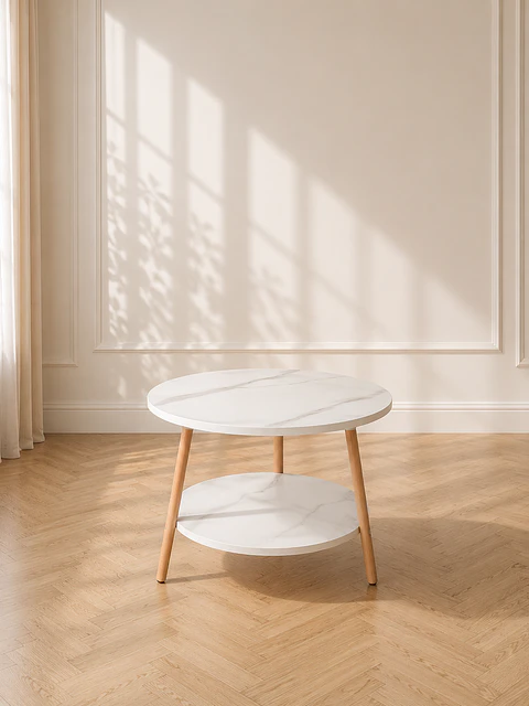 Mesa de Centro MDF Mármol Blanco 2 Niveles estructura Madera Natural- Living recepcion oficinas