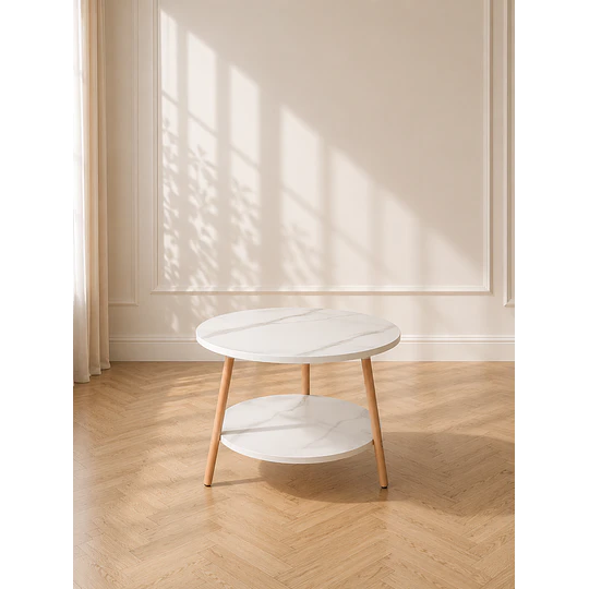 Mesa de Centro MDF Mármol Blanco 2 Niveles estructura Madera Natural- Living recepcion oficinas