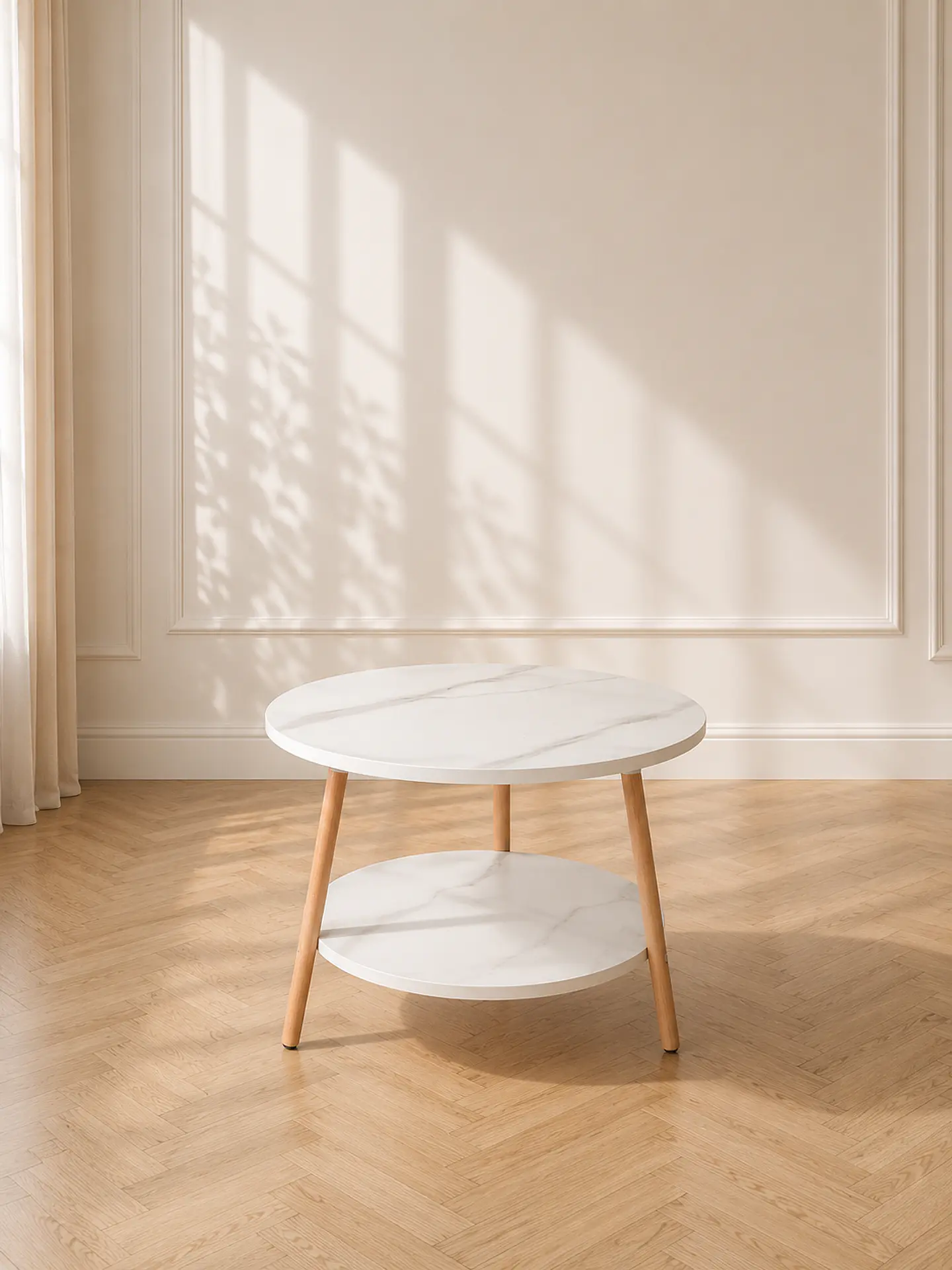 Mesa de Centro MDF Mármol Blanco 2 Niveles estructura Madera Natural- Living recepcion oficinas 1