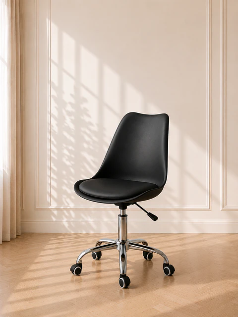 Silla Tulip Negra para Escritorio Ergonómica Asiento Eco Cuero, Al