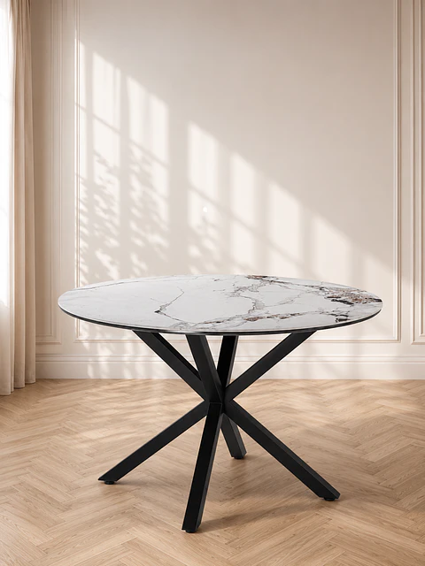 Mesa Comedor Warwick Redonda de Cuarzo con Base Cross Metálica - Terraza Interior y Oficina