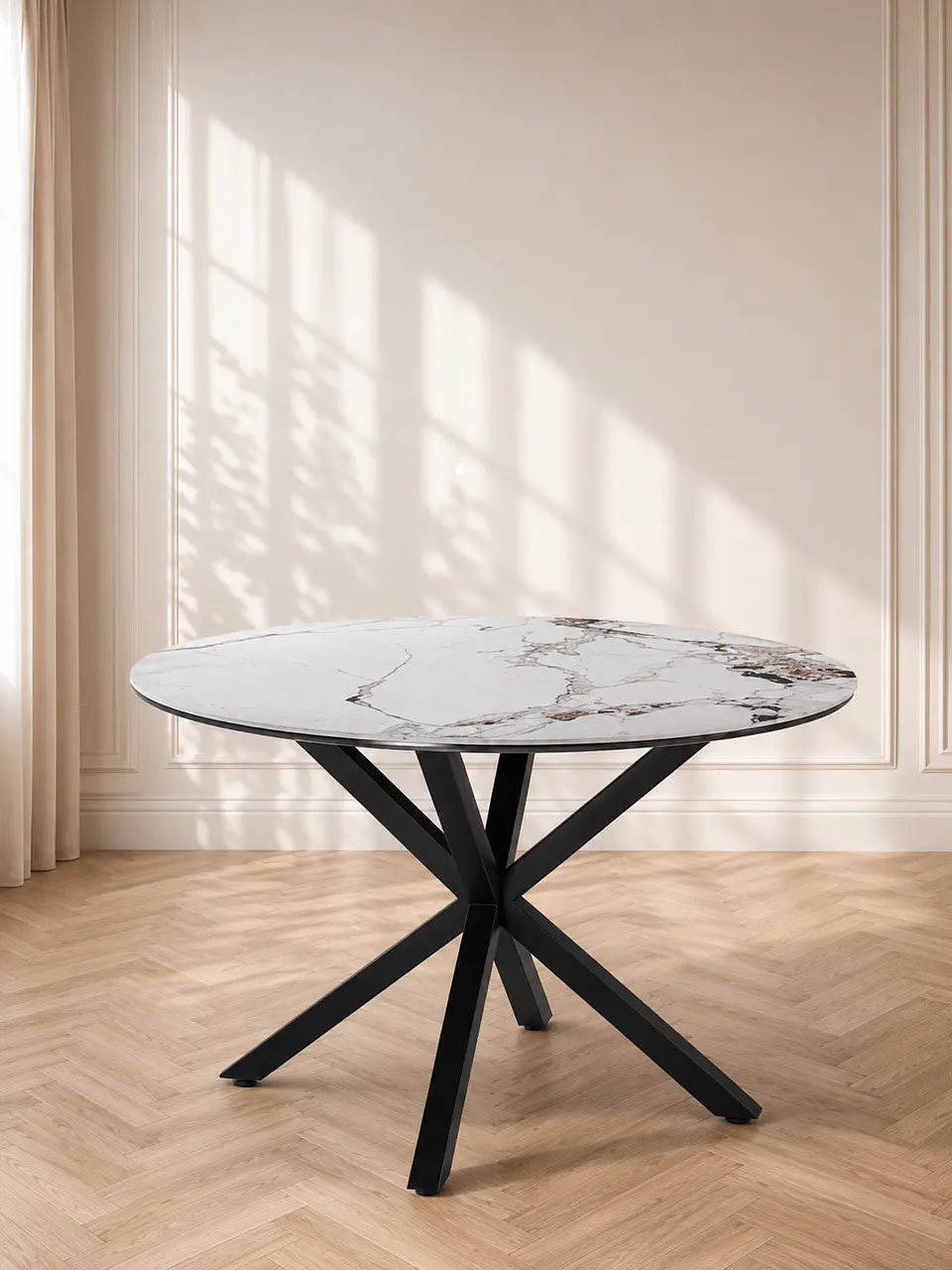 Mesa Comedor Warwick Redonda de Cuarzo con Base Cross Metálica - Terraza Interior y Oficina 1