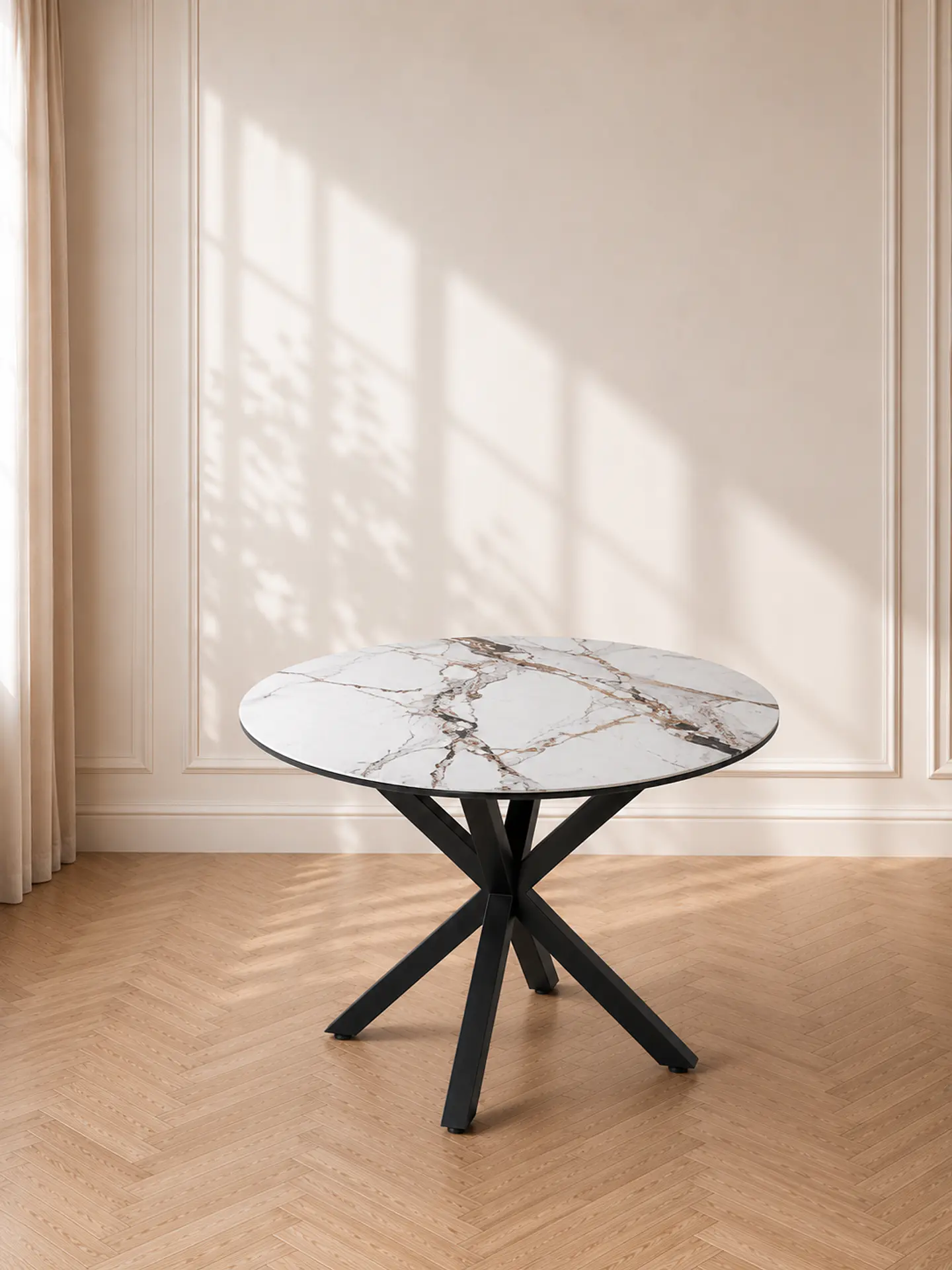 Mesa Comedor Warwick Redonda de Cuarzo con Base Cross Metálica - Terraza Interior y Oficina 1
