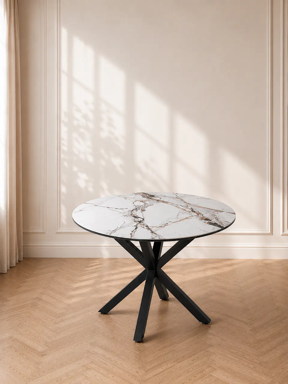 Mesa Comedor Warwick Redonda de Cuarzo con Base Cross Metálica - Terraza Interior y Oficina 1