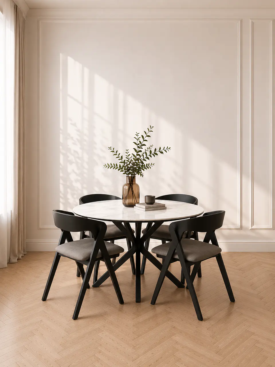 Mesa Comedor Warwick Redonda de Cuarzo con Base Cross Metálica - Terraza Interior y Oficina 2