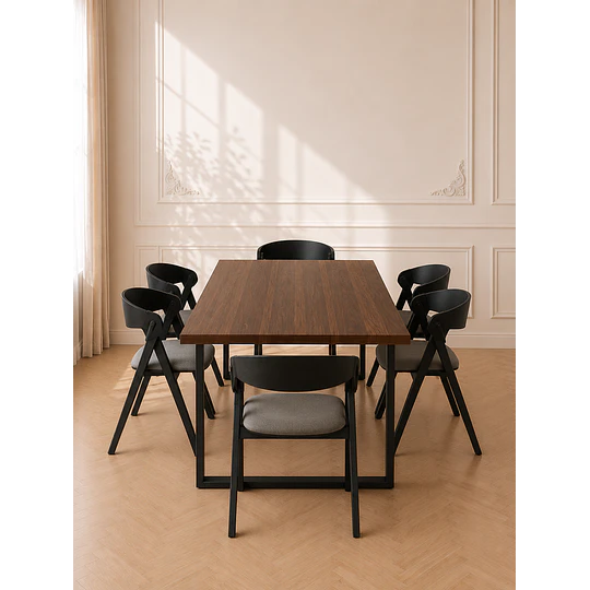 Mesa Industrial de MDF y Metal Negro con 6 Sillas sitial Margot de Chenilla lino y Madera Black Premiun- comedor restaurant reunion