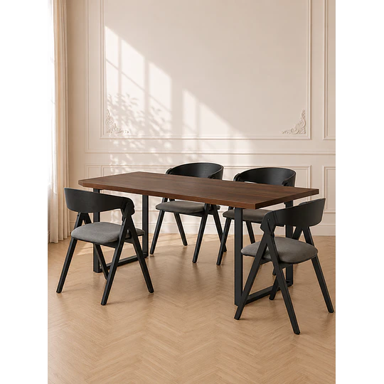 Mesa Industrial de MDF y Metal Negro con 4 Sillas sitial Margot de Chenilla lino y Madera Black- comedor restaurant reunion
