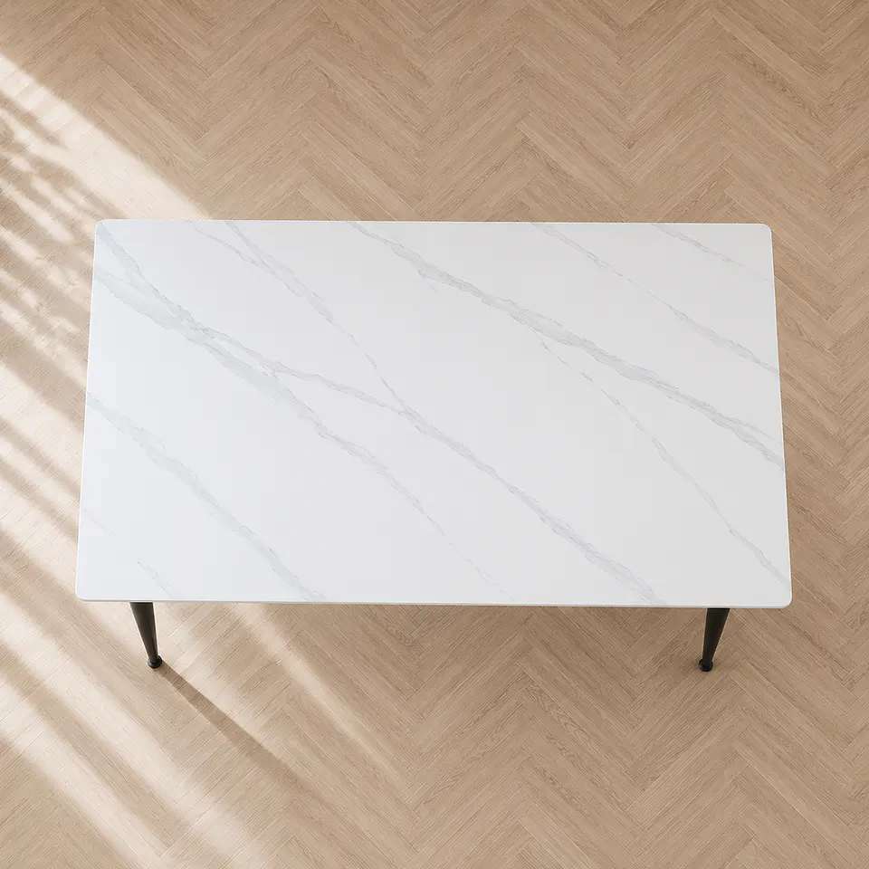 Mesa Rectangular Cuarzo Calacatta estilo marmol y Estructura Metálica – Comedor Sala de Reuniones  4