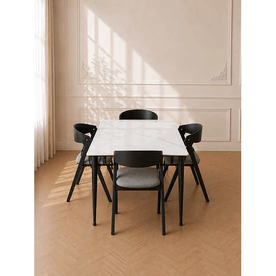 Mesa Rectangular Cuarzo Calacatta + 4 Sillas Sitial Margot Lino Black- comedor restaurant oficina