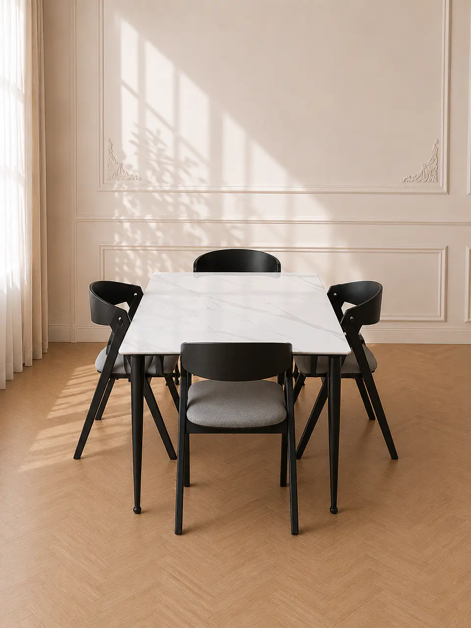 Mesa Rectangular Cuarzo Calacatta + 4 Sillas Sitial Margot Lino Black- comedor restaurant oficina 1