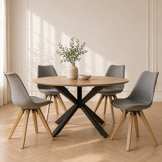Mesa Redonda Argo Madrid Warwick Cross wood Black con 4 Sillas Tulip Nordic con cojin y madera- Comedor
