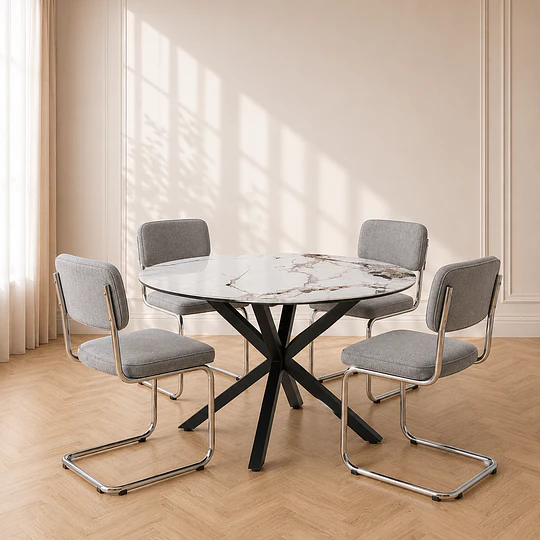Mesa Comedor Warwick de Cuarzo con Base Cross Metálica con 4  Silla Breuer Lino Estructura Cromada Silver-comedor