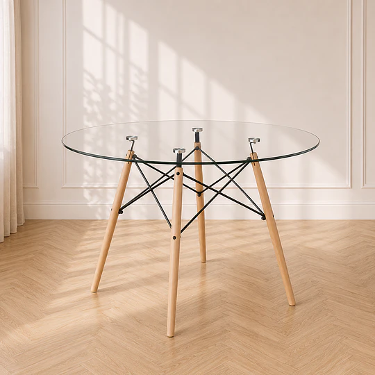 Mesa 120cm Eames de Vidrio y madera para Comedor Reunion Eventos