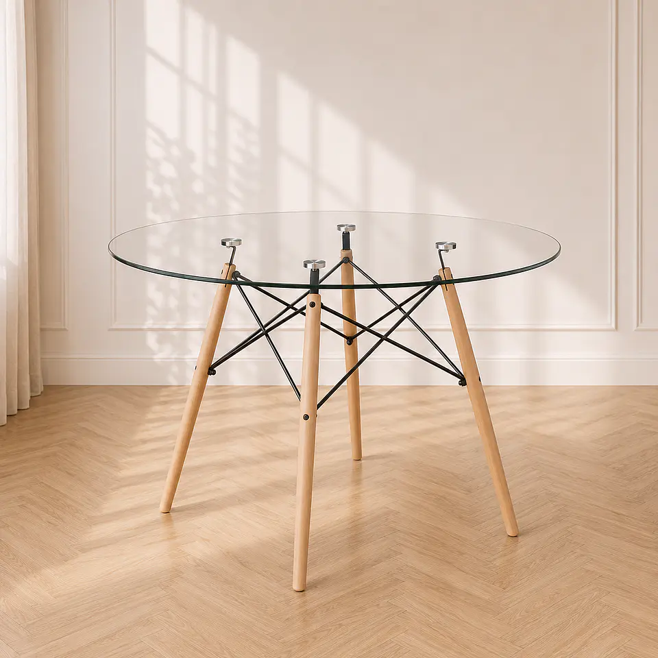 Mesa 120cm Eames de Vidrio y madera para Comedor Reunion Eventos 1