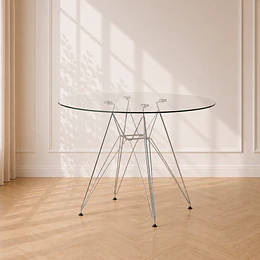 Mesa Eames Eiffel Metálica con Cubierta de Vidrio y Patas Plateadas