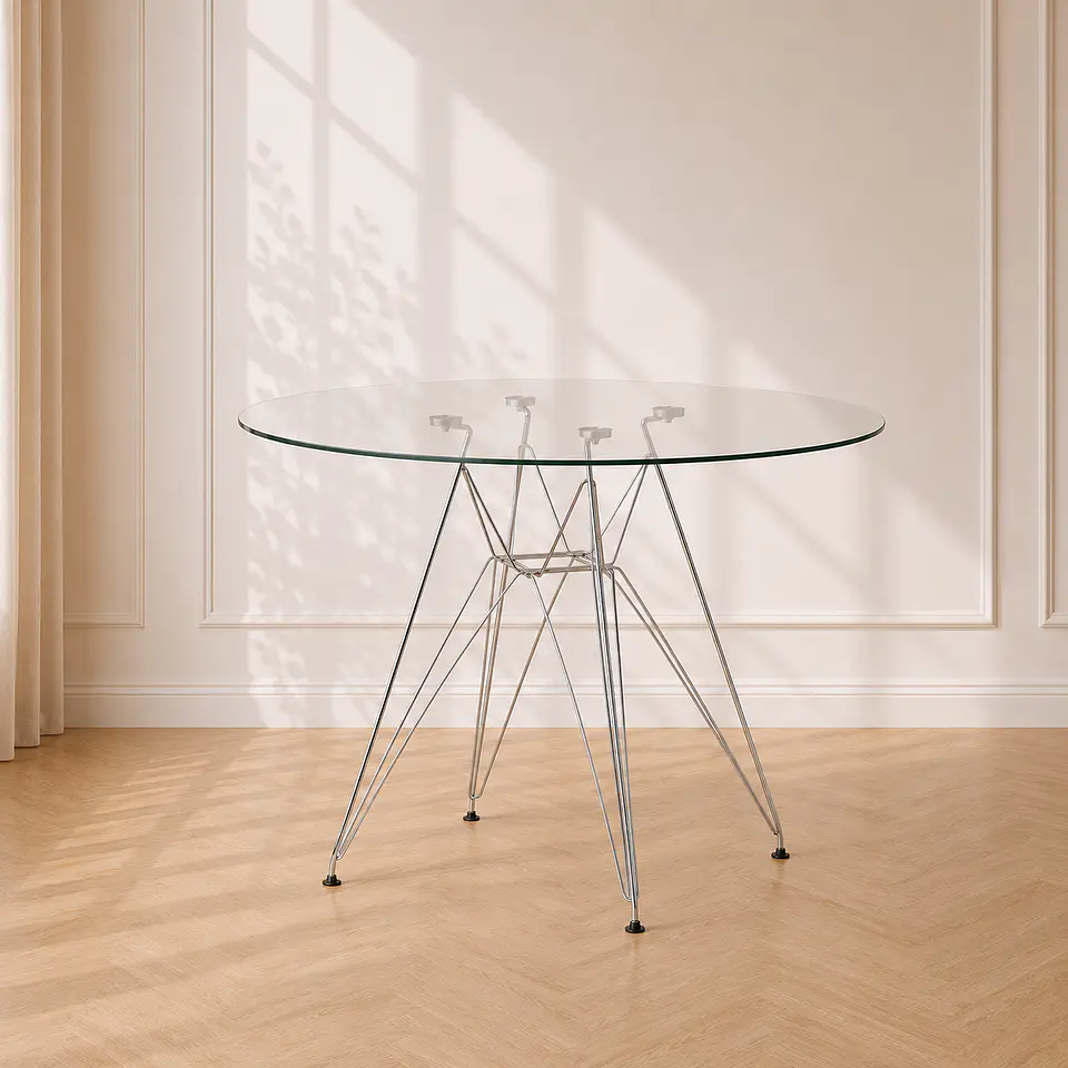 Mesa Eames Eiffel Metálica con Cubierta de Vidrio y Patas Plateadas 1