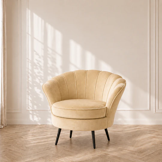 Poltrona Pétalo Felpa Beige con estructura de Metal Doradas o Negras – living pedicura