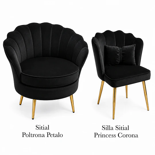 Poltrona Pétalo Felpa Negro con Patas de Metal Doradas o Negras – living recepcion pedicura