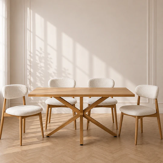  Mesa Rectangular Argo MDF con 4 Sillas Cloud Boucle acolchada Beige- comedor