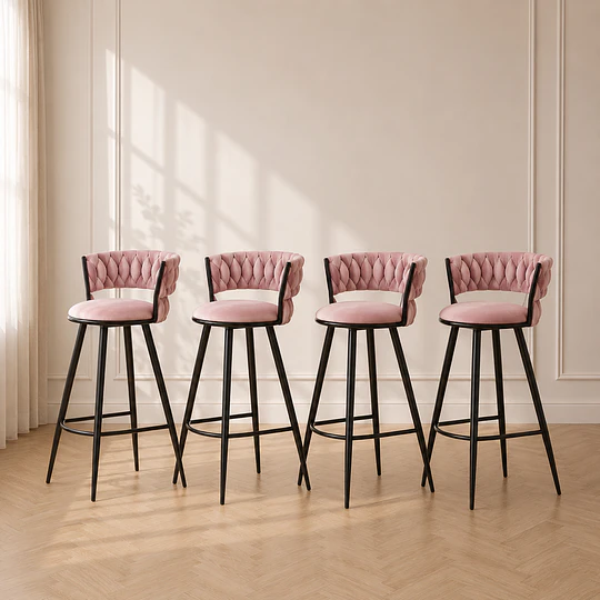 Pack 4 Taburete Bar Queen de Felpa Rosa y Metal para Bar, Cocina y Cafetería