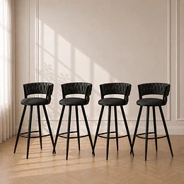 Pack 4 Taburete Bar Queen de Felpa Negro y Metal Black para Bar, Cocina y Cafetería