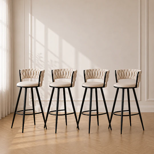 Pack 4 Taburete Bar Queen de Felpa Beige y Metal Black para Bar, Cocina y Cafetería