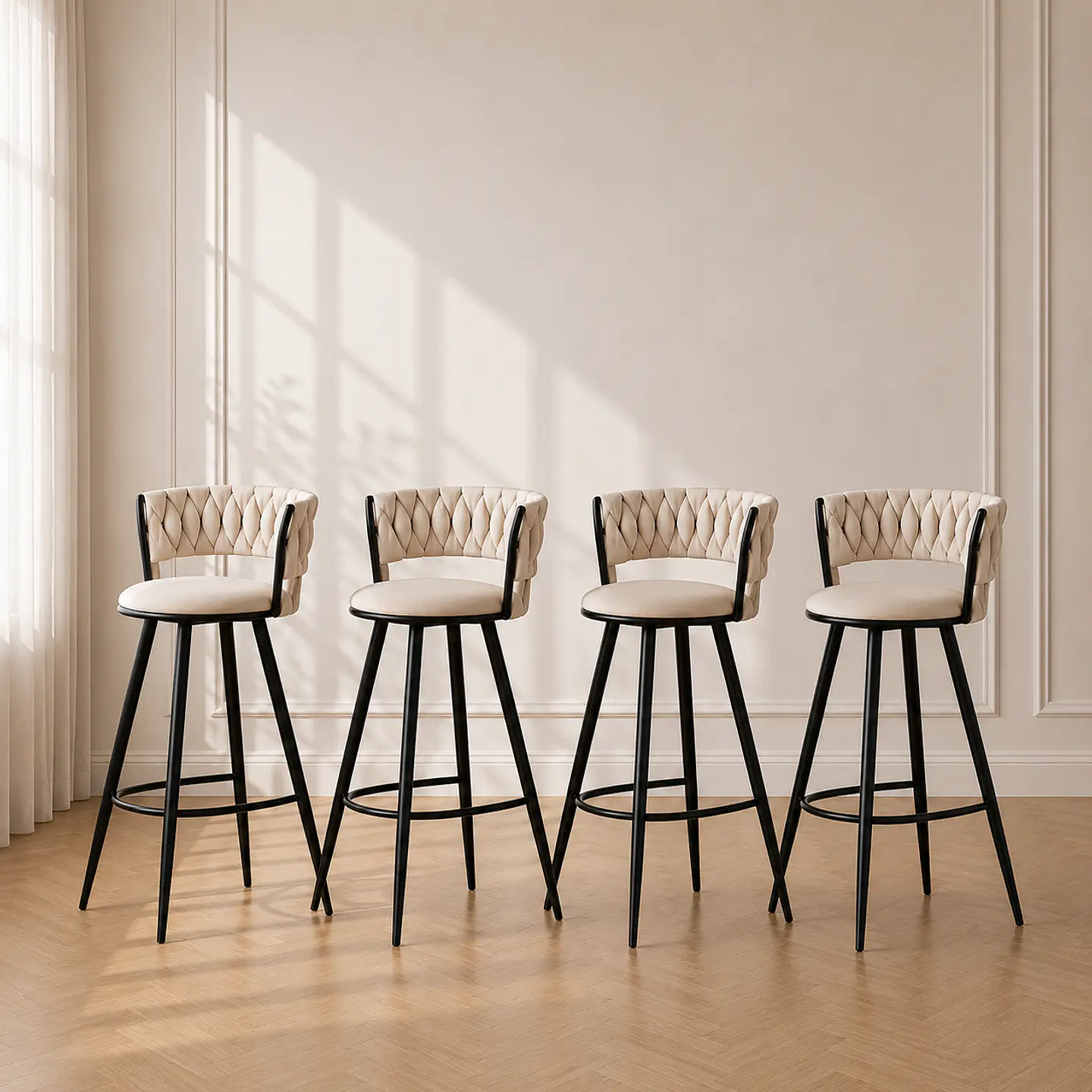 Pack 4 Taburete Bar Queen de Felpa Beige y Metal Black para Bar, Cocina y Cafetería 2